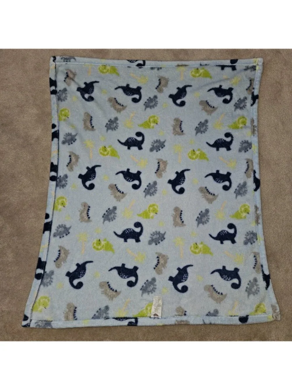 Parent's Choice Blue Dinosaur Fleece Baby Blanket Gray Green Trees 30x36 SOFT
